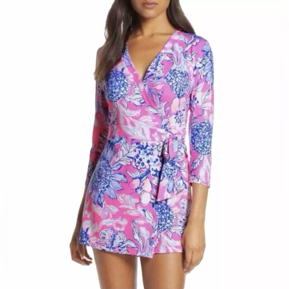 Lilly Pulitzer Karlie Wrap Romper Jersey Sun Drenched Pink Tropics Preppy Resort - Picture 4 of 13